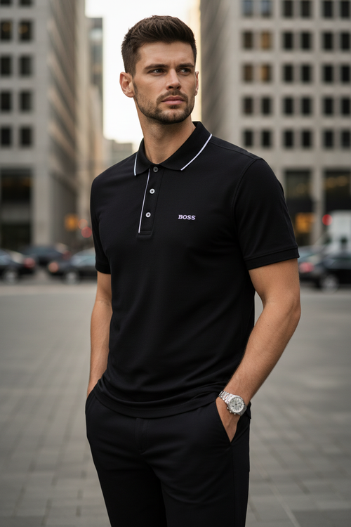 Man wearing a black polo shirt with a brand logo, standing in an urban setting.