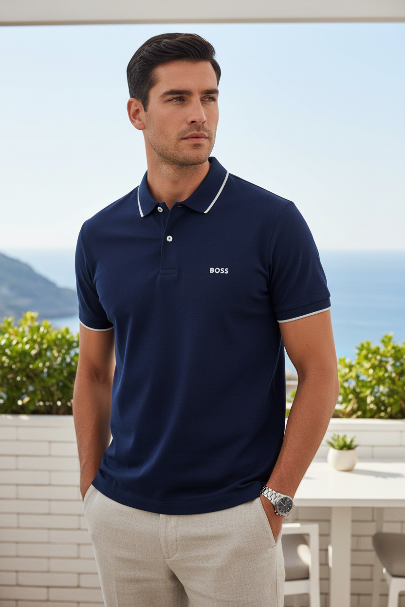 Man wearing a navy polo shirt with a brand logo, standing outdoors with a scenic background.