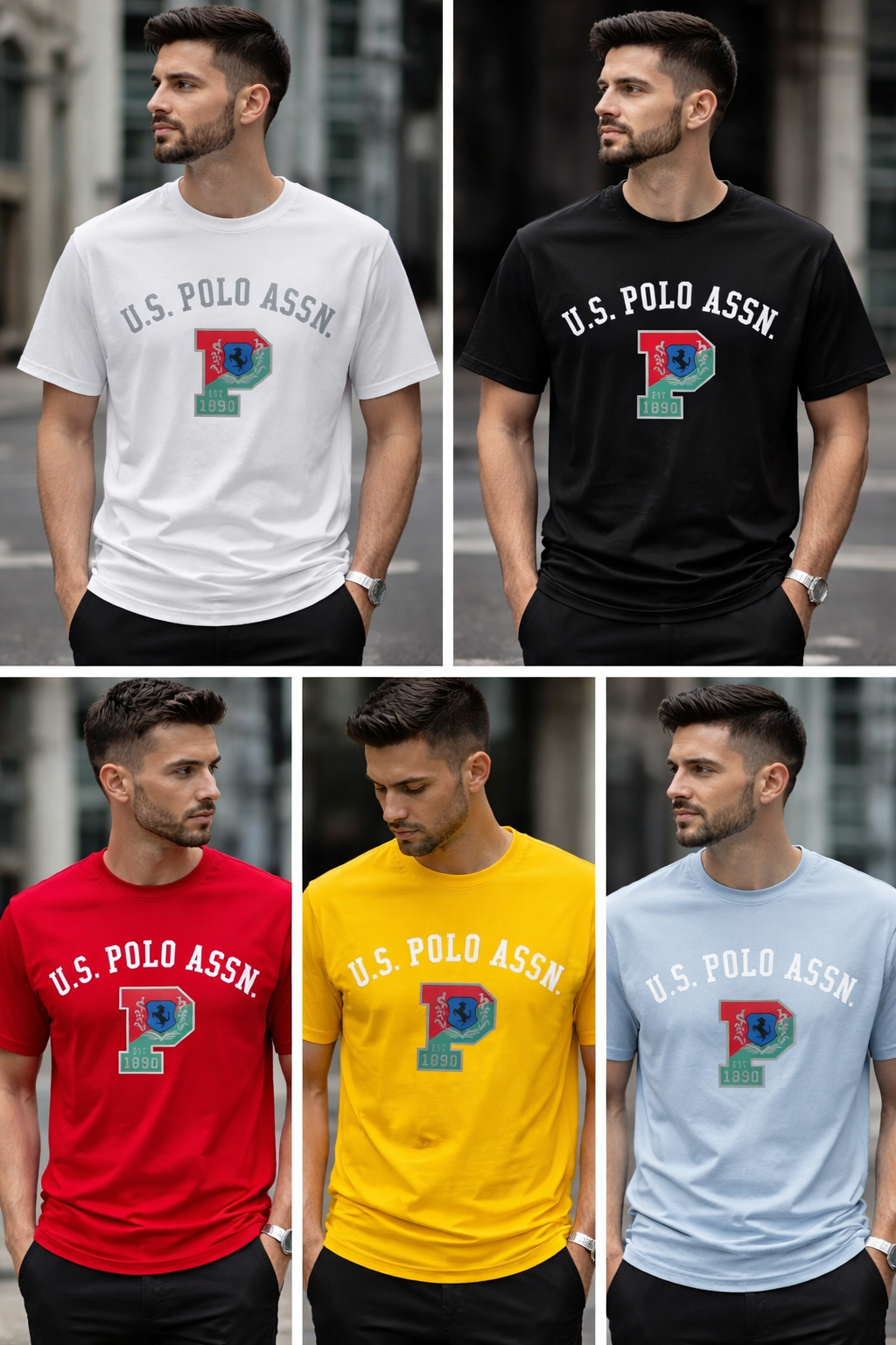 Collage of a man wearing U.S. Polo Assn. t-shirts in various colors.