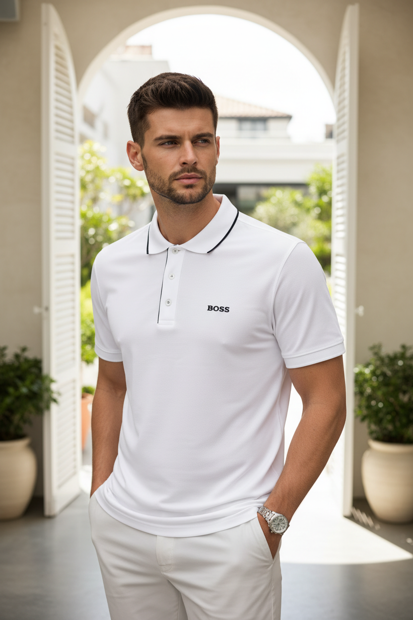 Man wearing a white polo shirt with a brand logo, standing in an outdoor setting.